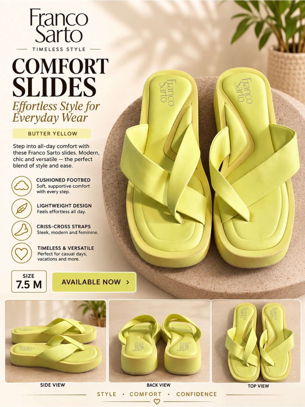 Franco Sarto Caven Yellow Leather Square Toe Slide Sandals Size 7.5M